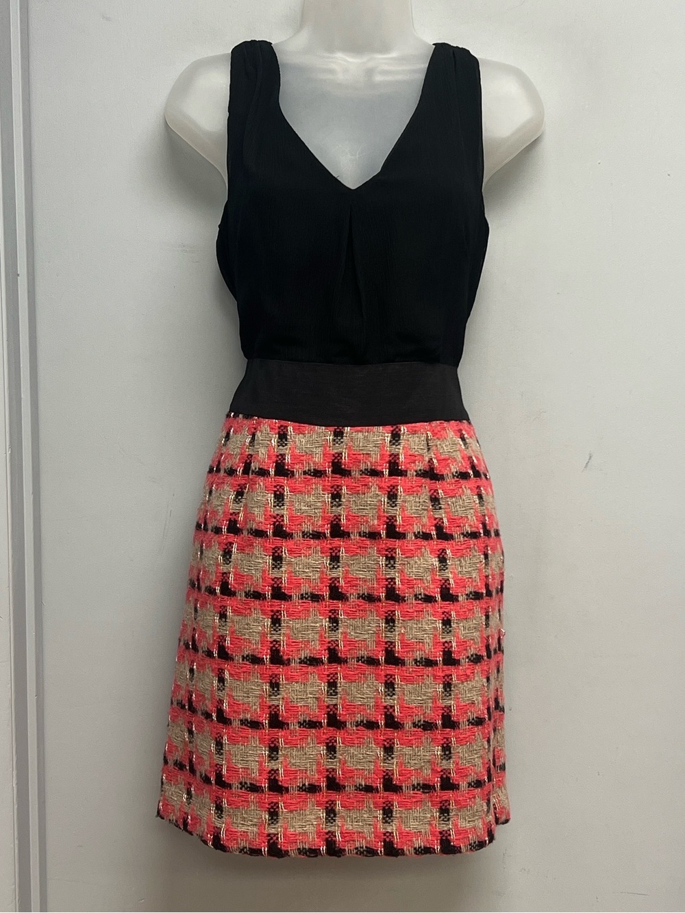 Nell Couture Colorblock Tweed Sheath Dress Black Pink Size 8 Made in USA